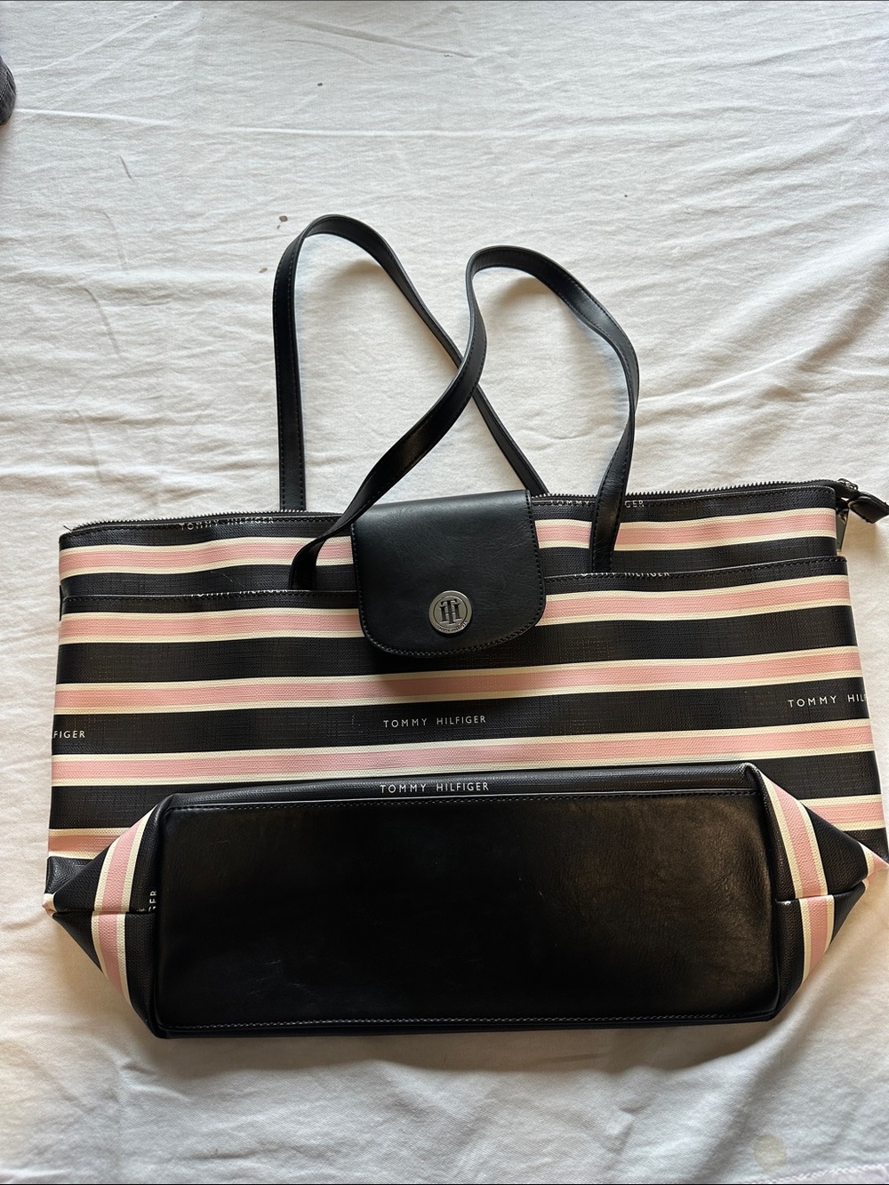 Tommy Hilfiger Black, Pink & white Striped Tote Bag